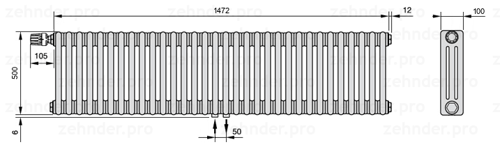Схема (чертеж) Радиатор Zehnder Charleston 3050/32 №V007 Белый глянцевый RAL 9016